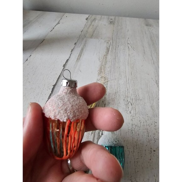 Antique acorn mercury glass ornament flocked set green yellow orange Xmas tree - Picture 6 of 10